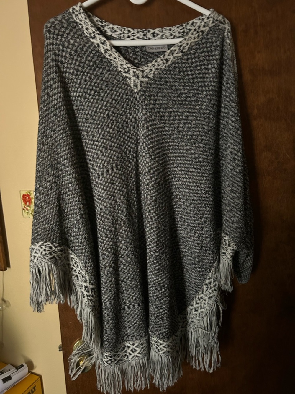 Gray Knit Fringe Poncho Sweater with arm slots